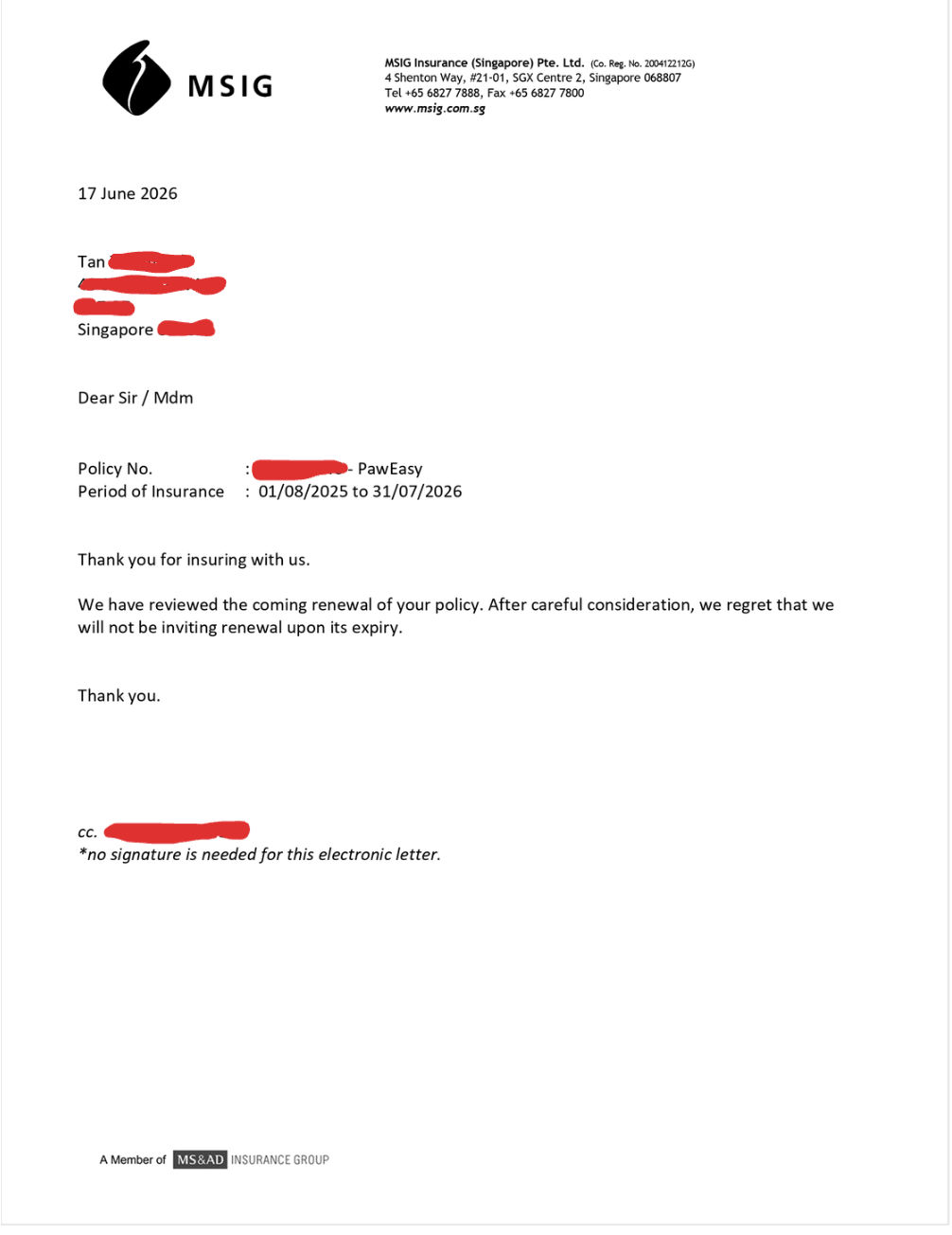 MSIG PawEasy Non-Renewal Notice Screenshot 11