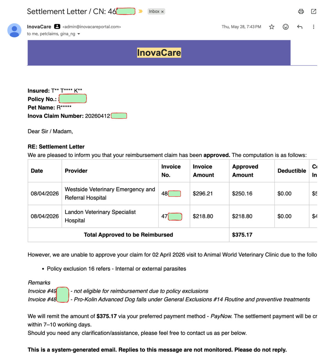 MSIG PawEasy Settlement Letter Screenshot 9