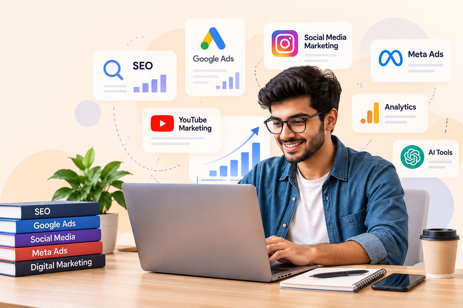 Digital marketing course banner featuring SEO, Google Ads, social media marketing, Meta Ads, YouTube marketing, analytics, and AI tools.