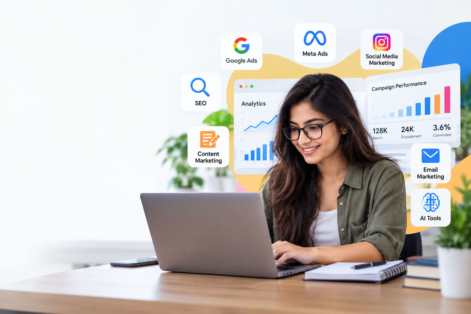 Digital marketing course learning workspace with analytics dashboards, SEO tools, and online marketing performance reports.