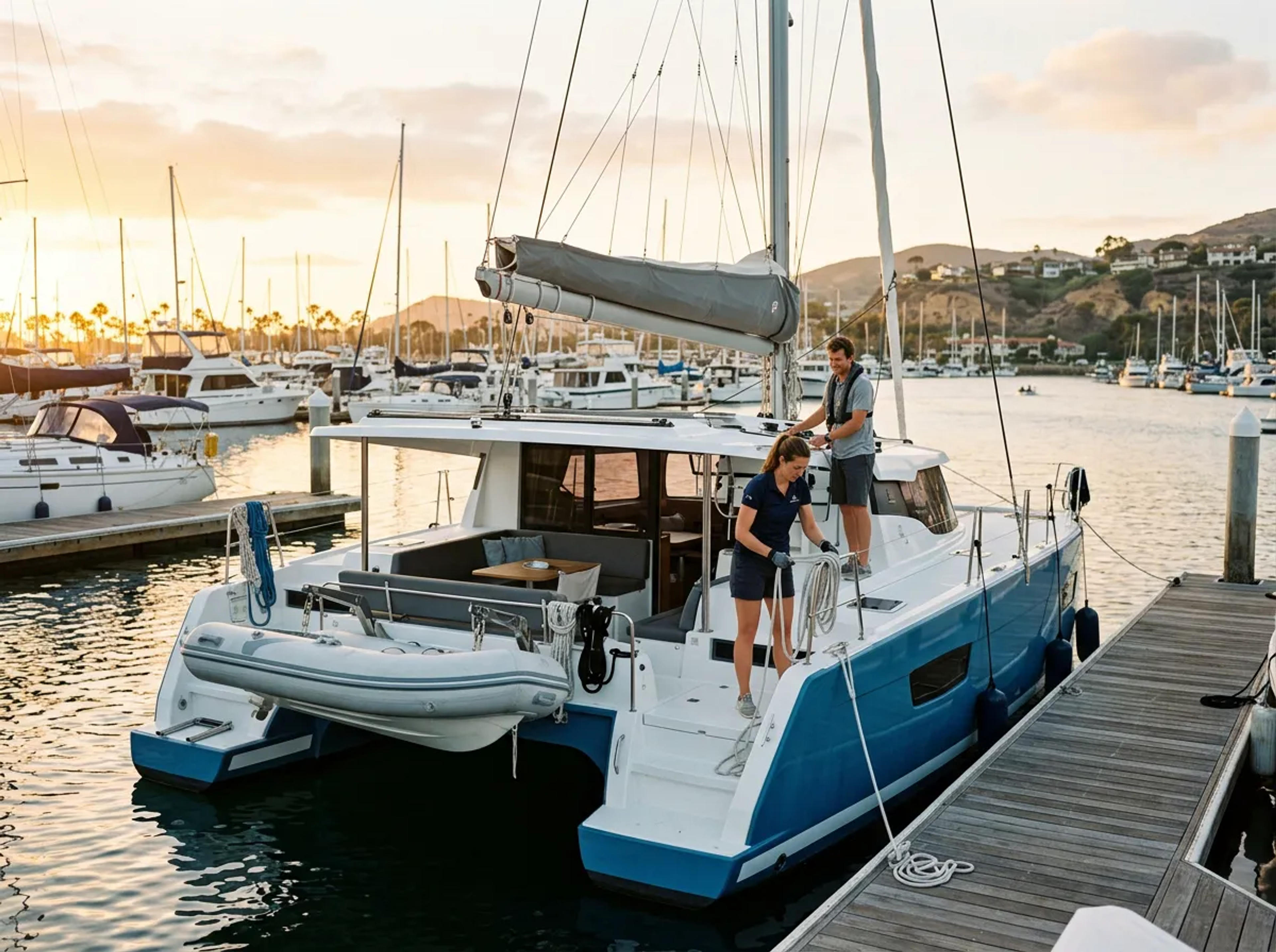 First-season catamaran crew preparing carefully in marina light