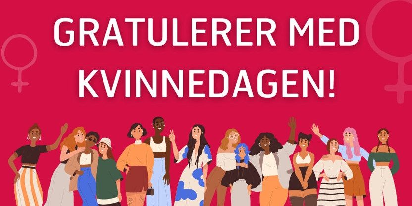 Illustrasjon hvor det er tegninger av ulike kvinner og det står med hvit skrift på rød bakgrunn: Gratulerer med kvinnedagen