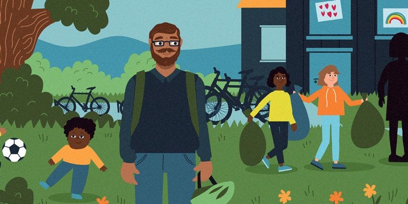 Animasjon som viser en mannlig lærer med briller og sykkelhjelm som står i en grønn skolegård, omringet av blomster og trær. Et lite barn sparker en fotball, mens to eldre barn bærer søppelposer.