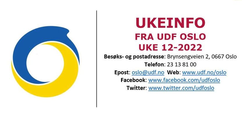 Plakat med UDF logo i Ukrainafarger og tekst UKEINFO 12-2022. Illustrasjon