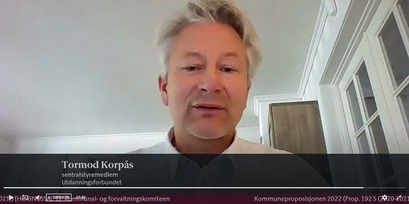 Tormod Korpås, sentralstyremedlem. Høring i kommunal- og forvaltningskomiteen på Stortinget 20. mai.