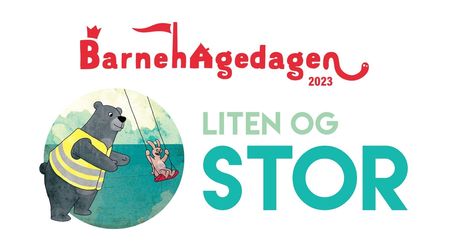 Logo og bilde av barnehagedagen og en bamse som leker med en hare