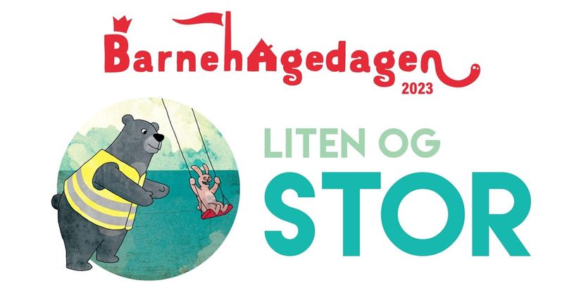 Logo og bilde av barnehagedagen og en bamse som leker med en hare