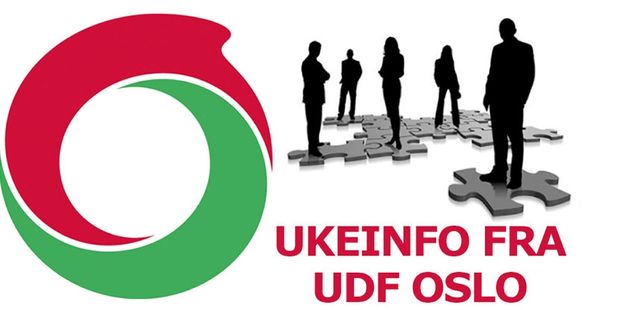 Plakat med tekst UKEINFO - en gruppe, og en person som står utenfor
