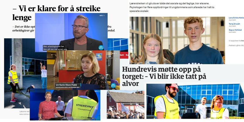 Flere skjermbilder fra pressedekning om streiken. Bilde av elever som blir intervjuet, fylkesleder Geir Røsvoll på Midtnytt, streikevakter og streikemarkeringer. Foto/Faksimile
