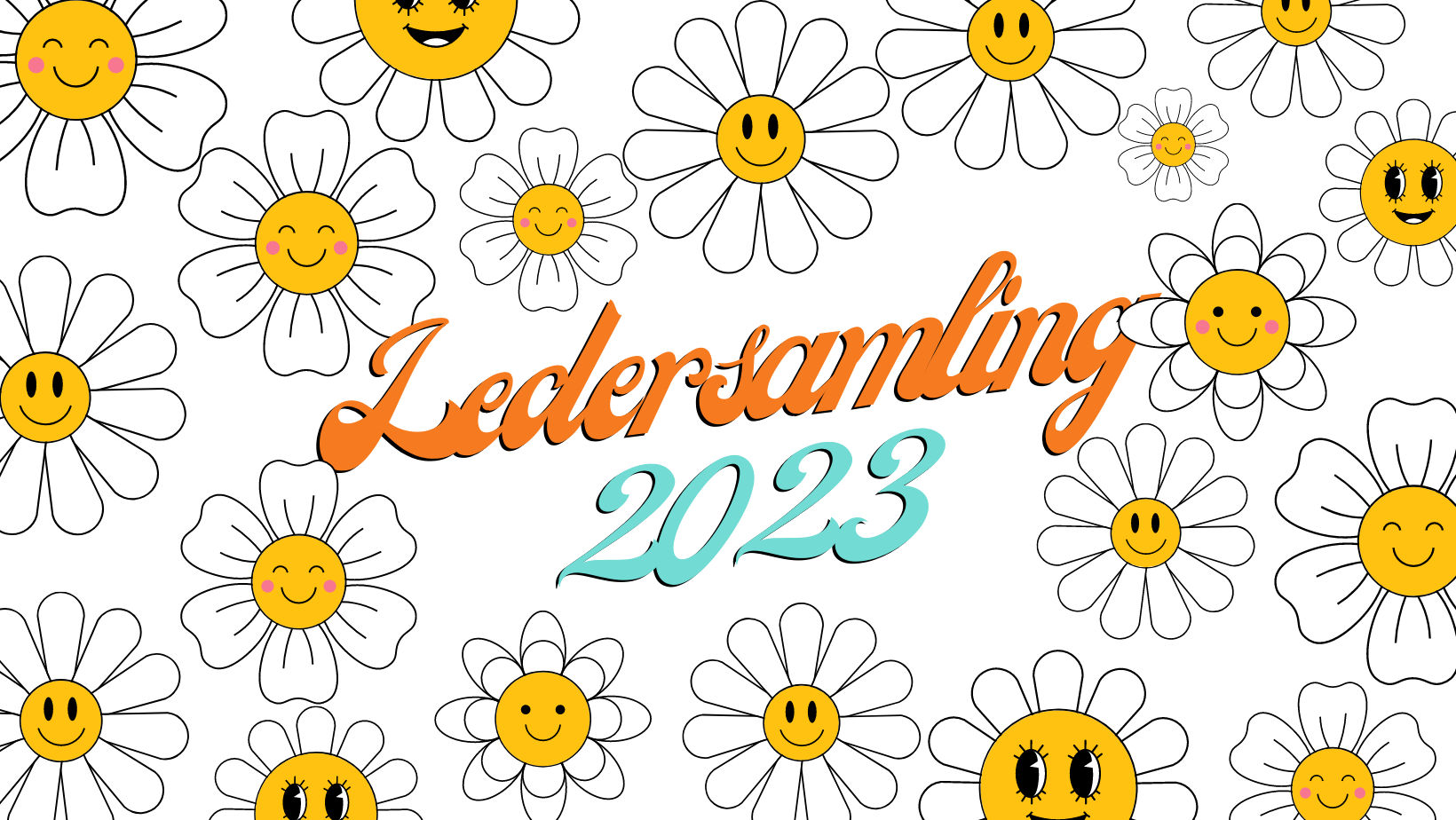 Bilde med teksten "ledersamling 2023". Animasjoner av hvite og gule blomster med smilende ansikt rundt. 