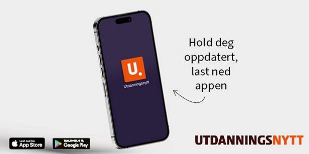 Bilde av mobiltelefon med logoen til Utdanningsnytt-appen. Grafisk.