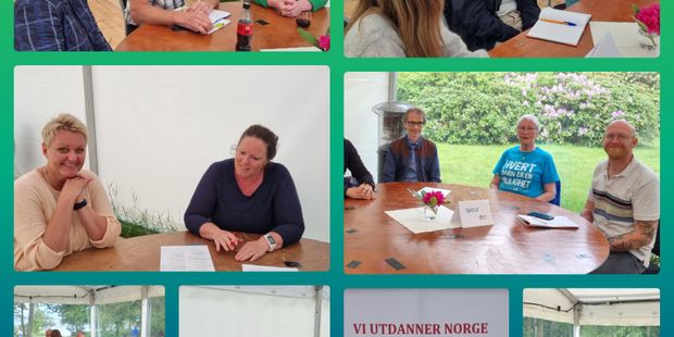 Det er et bilde og det er satt sammen av 8 små bilder. Bildene er av medlemmer og politikere som deltok på dialogkafeen.