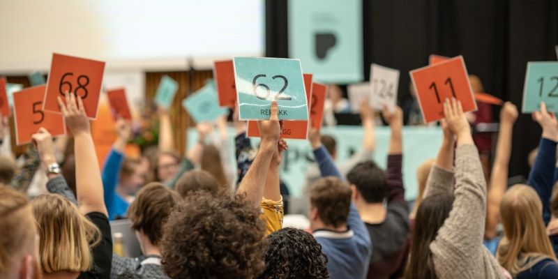 Mange mennesker som sitter i en sal med ryggen mot kamera. De fleste holder opp stemmeskilt. Bildet er tatt under landsmøtet til Pedagogstudentene i 2019. Foto: Chris-Håvard Berge/Oclin