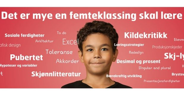 Kampanjeplakat "Det er mye en femteklassing skal lære". Ung gutt med ordsky rundt.