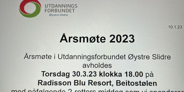 Viser invitasjon til årsmøte med logoen til Utdanningsforbundet Øystre Slidre