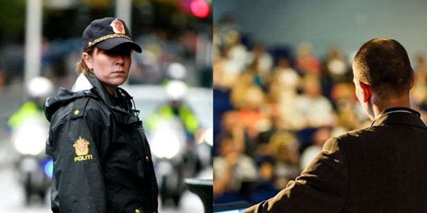 Illustrasjon av henholdsvis politikvinne og ryggen til forsker.
