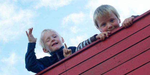 To skøyeraktige gutter som kikker ned fra et gjerde