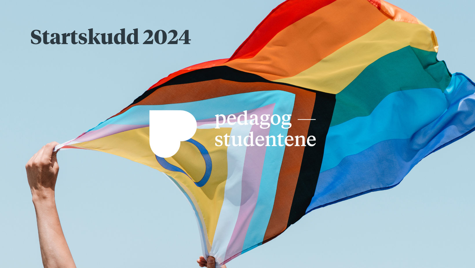 Progressive pride med Pedagogstudentenes logo og tekst Startskudd 2024. Illustrasjon. 