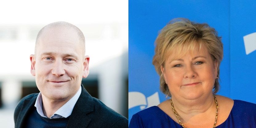 Fotomontasje av Steffen Handal og Erna Solberg der begge smiler