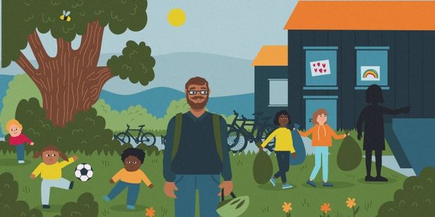 En gruppe mennesker i en hage, med et hus i bakgrunnen. Grafikk.