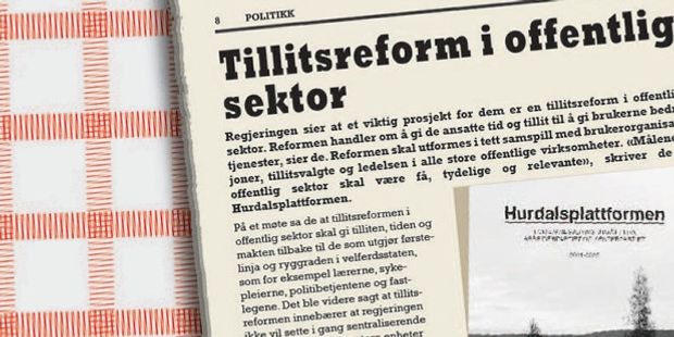 Avisside på et bord med duk med nyhetssak om regjeringens tillitsreform. Illustrasjon