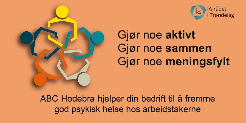 Plakat bestående av en tekst og og figurer som symboliserer mennesker som er flettet sammen. Beskriver hvordan man kan jobbe sammen for god psykisk helse 