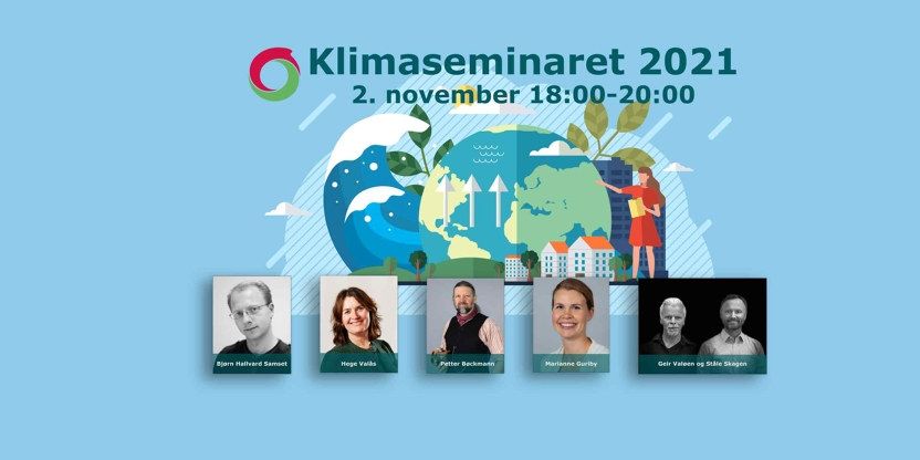 Plakat med teksten: Klimaseminaret 2021 2. nov. 18:00 - 20:00. På plakaten er det også et tegnet bilde av en jordklode med en bølge, et tre og en kvinne med en bok. Nederst på plakaten er det portrettbilder av alle innlederne på seminaret.