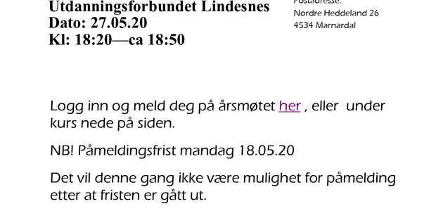 Invitasjon til årsmøte i Utdanningsforbundet Lindesnes 2020