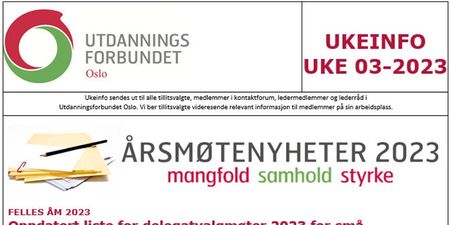 Faksimile av toppen av UKEINFO 03-2023, inklusiv illustrasjon med teksten Årsmøtenyheter 2023