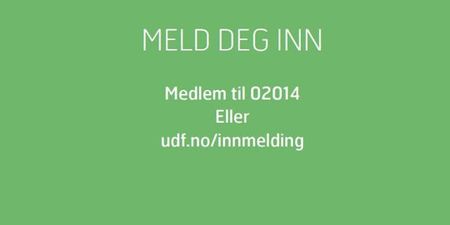 Grønt bilde med teksten: "Meld deg inn. Medlem til 02014 eller udf.no/innmelding". Illustrasjon.