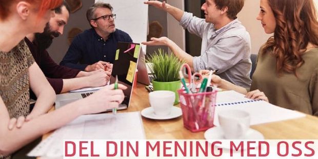 Forsidebilde av brosjyren med teksten: "del din mening med oss". Illustrasjon