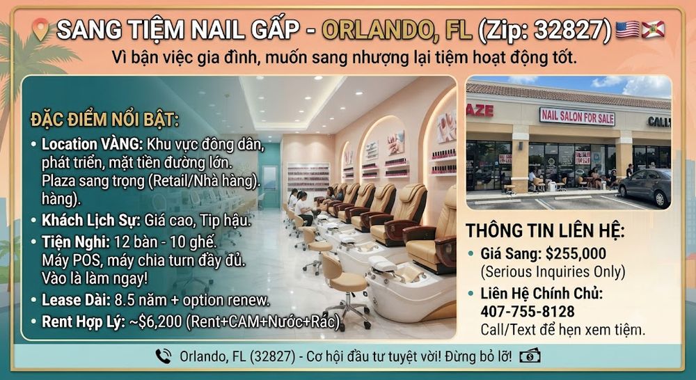 Sang Tiệm Nail 12 Bàn Orlando 32827