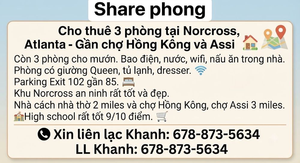Cho Thuê 3 Phòng Đẹp Tại Norcross Atlanta - Gần Chợ Hồng Kông & Assi