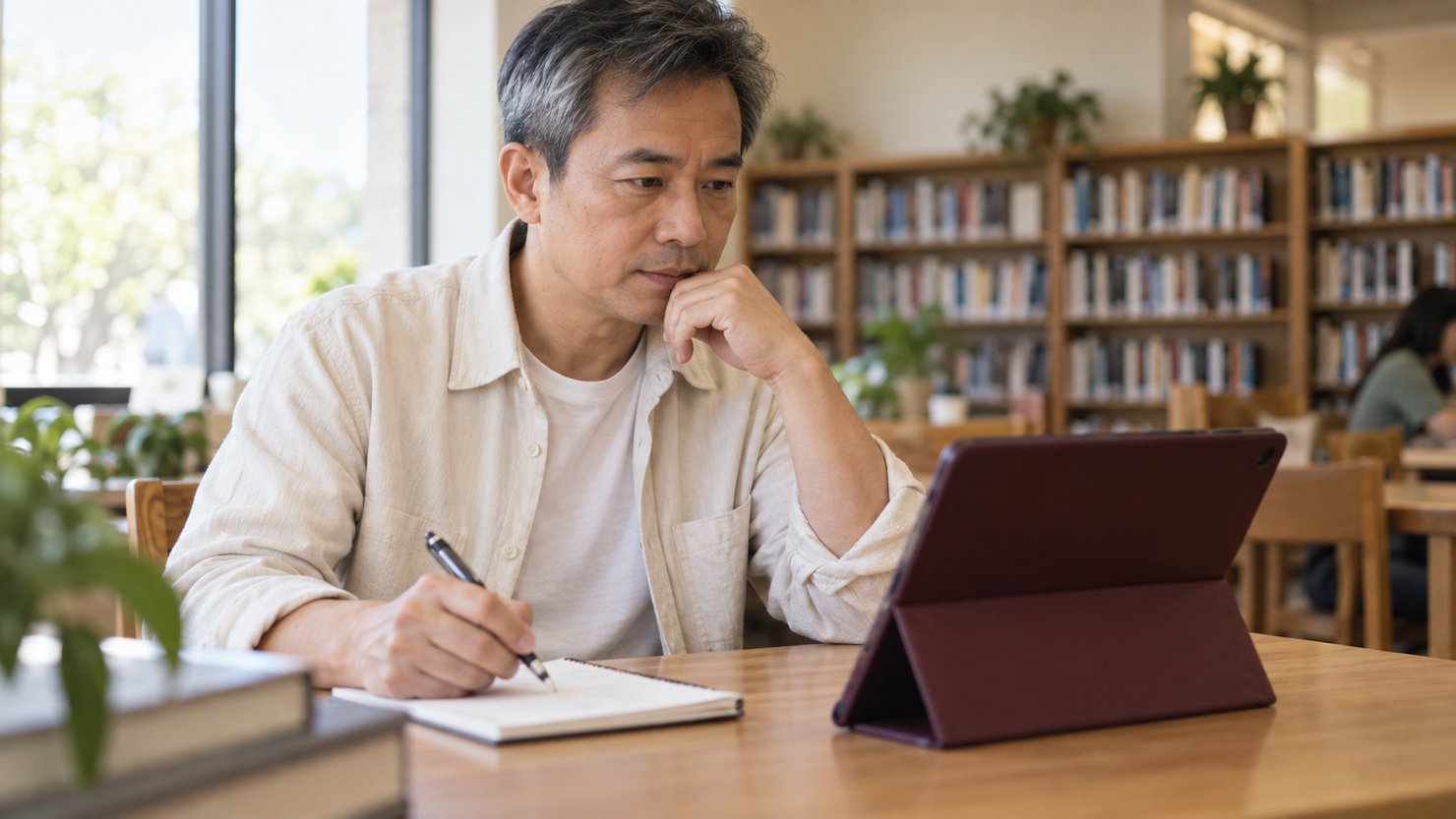 Người đàn ông đối chiếu ghi chú với máy tính bảng trước khi chuẩn bị email.