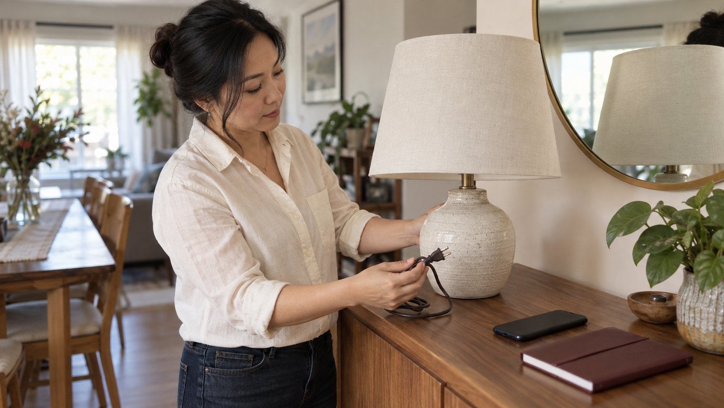 Người phụ nữ kiểm tra đèn bàn và dây điện trước khi chuẩn bị tin bán đồ.
