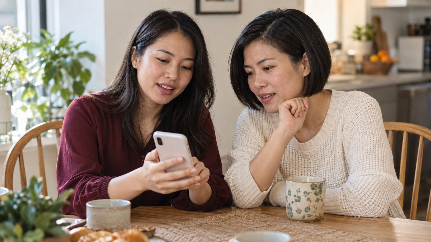Hai chị em cùng xem một tin trên điện thoại để trao đổi trước khi chọn mua.