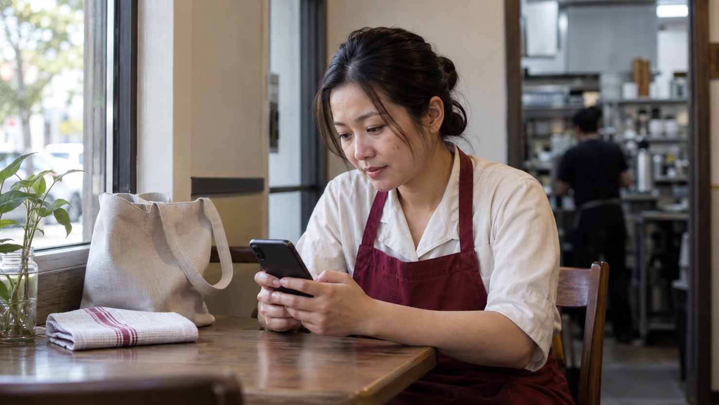 Người phụ nữ xem điện thoại trong giờ nghỉ tại nhà hàng khi cân nhắc công việc phù hợp.