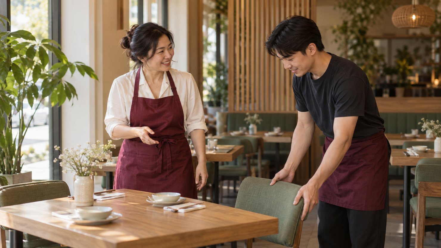 Chủ quán và nhân viên chuẩn bị không gian nhà hàng trước giờ đón khách.