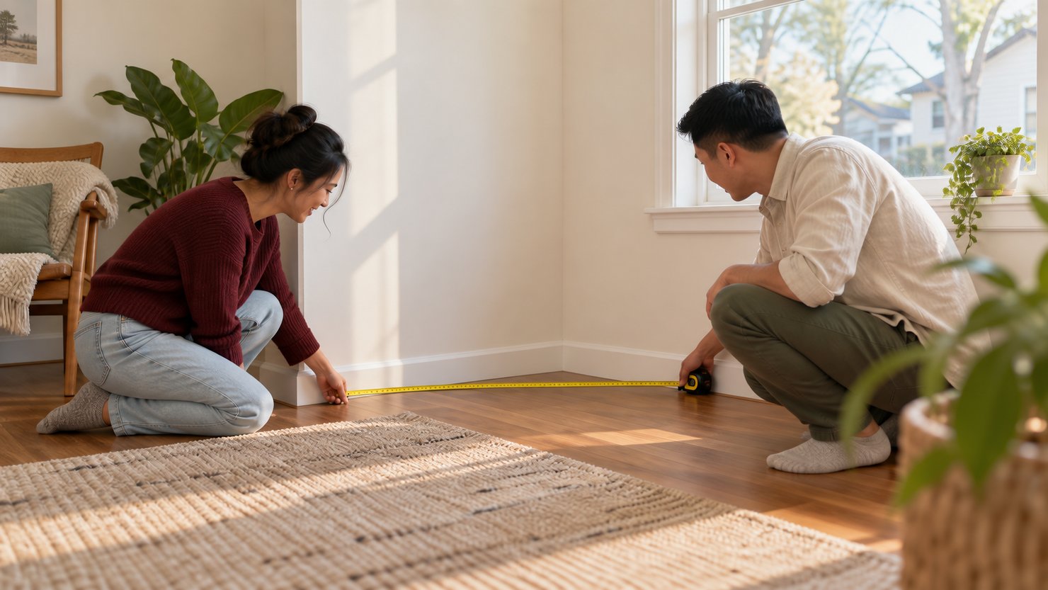 Hai người đo khoảng trống trong nhà để chọn chiếc bàn phù hợp.