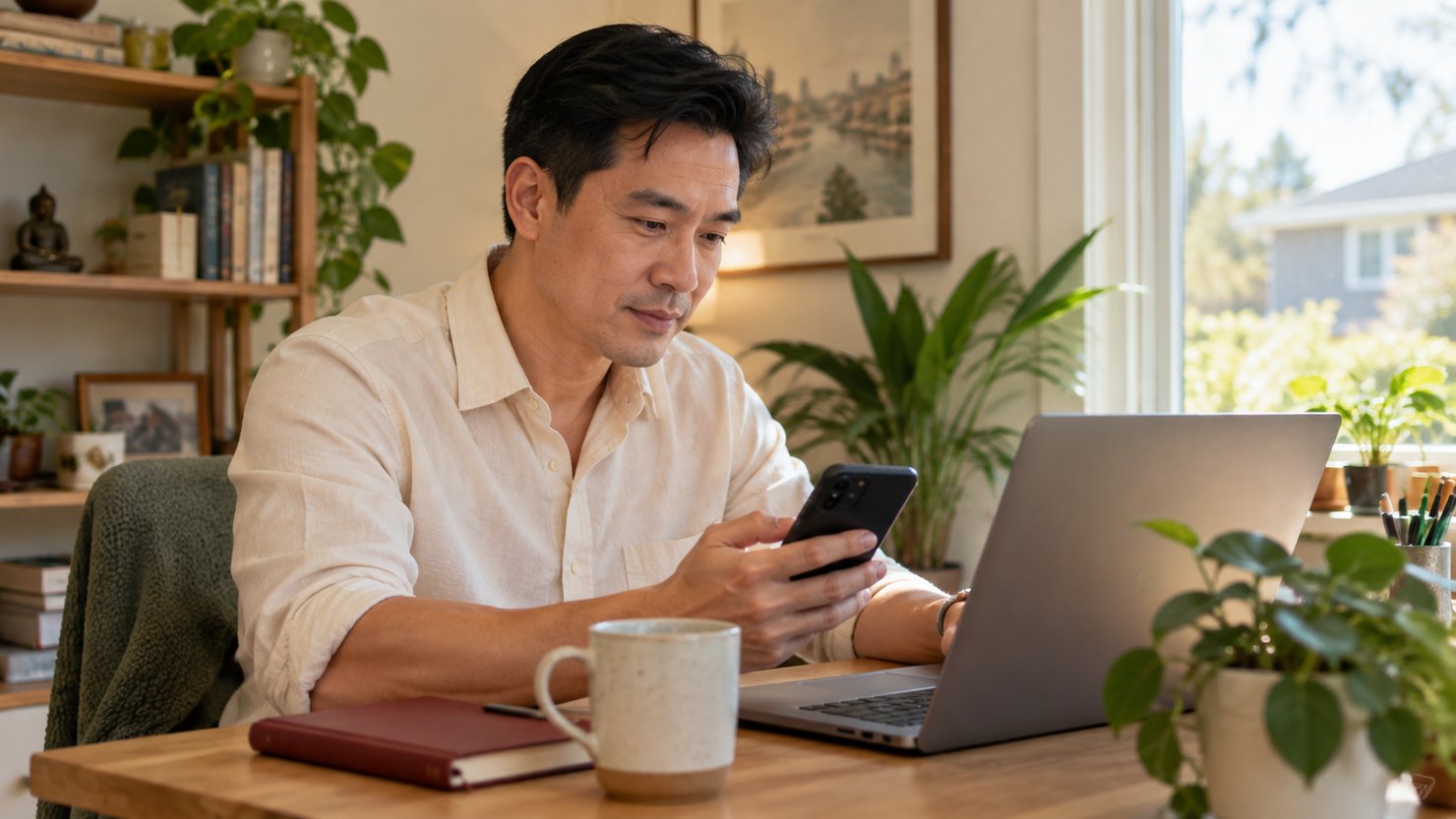 Người dùng đối chiếu hướng dẫn trên máy tính với điện thoại đang sử dụng.