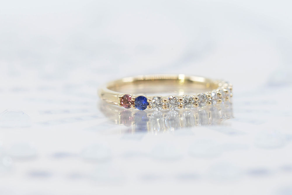 yellow gold family rings, gemstone sapphire, ruby