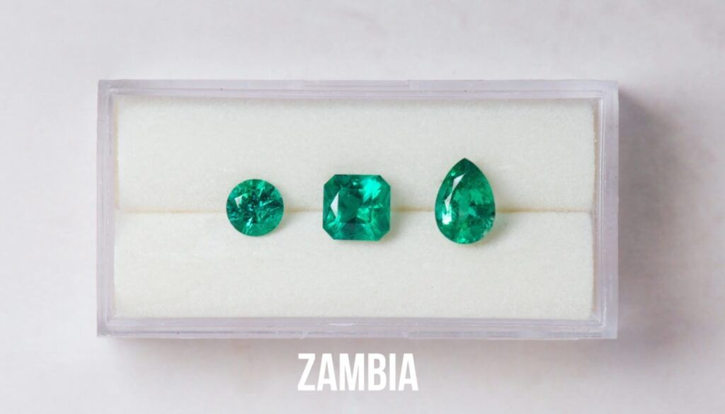 Three green emeralds of different shapes originating from Zambia