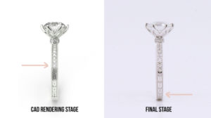 double image of side profile diamond ring showing the detail along the side of the band
