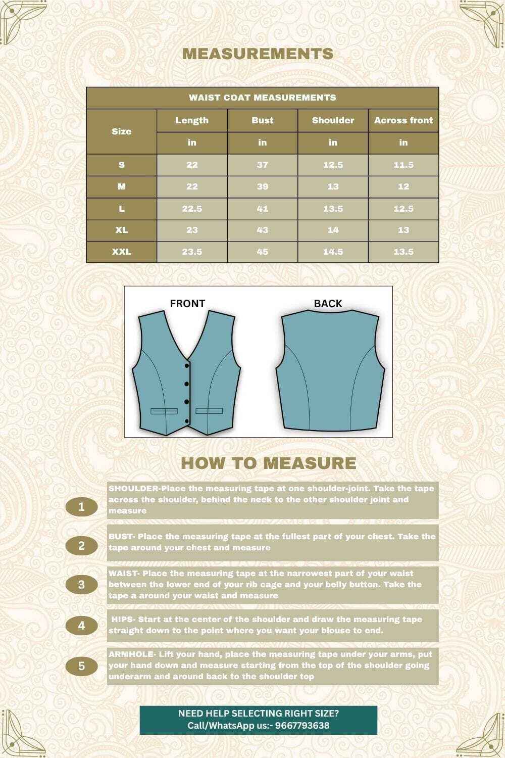 The Weaave Traveller Ajrakh Block Print Cotton Top Cum Waistcoat, Without lining size chart