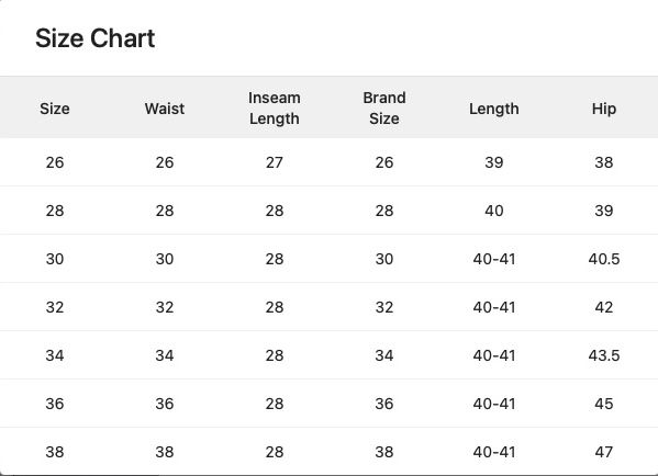 Uniexee size chart