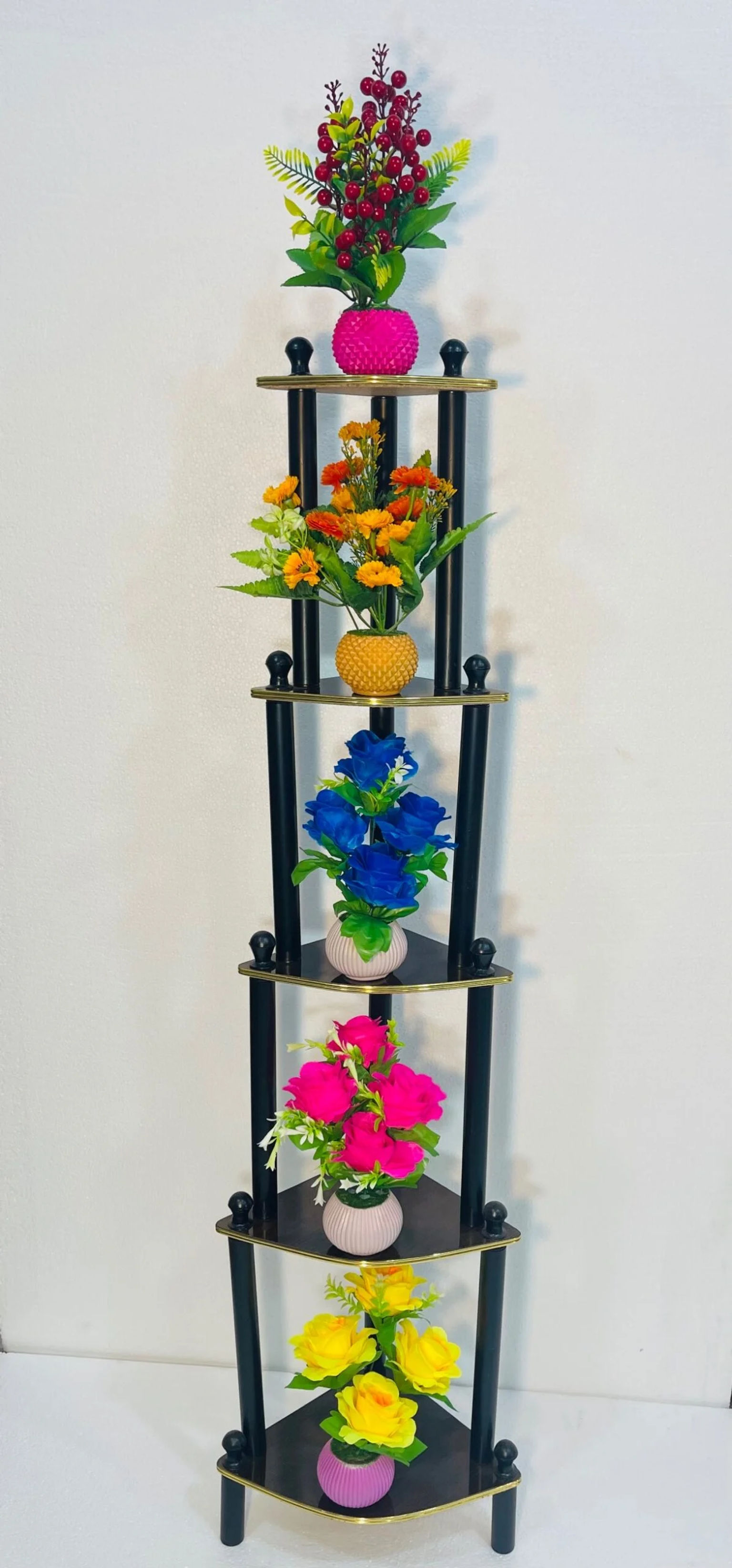 5 Layer Corner Rack with Artificial Flower Set | Metal & Wooden Decorative Corner Shelf