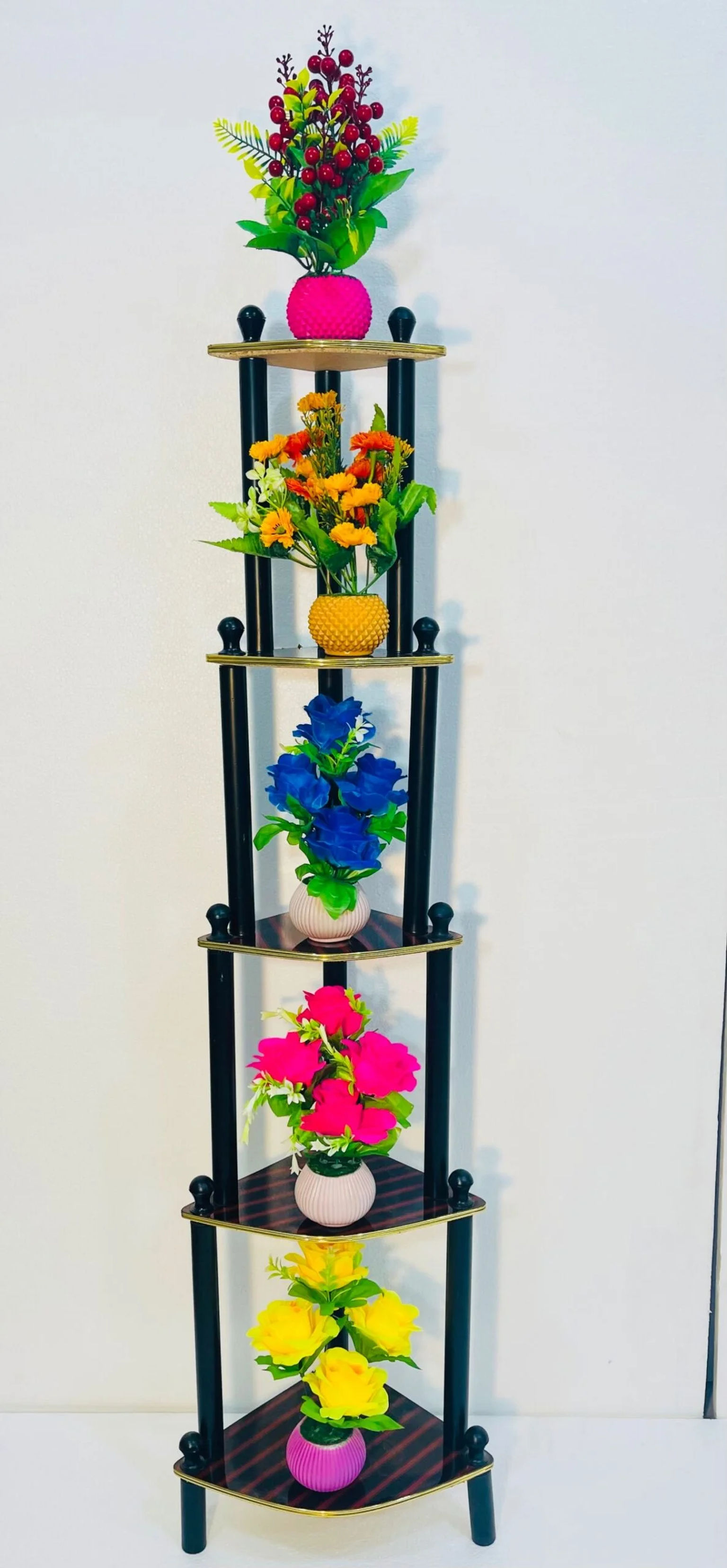 5 Layer Corner Rack with Artificial Flower Set | Metal & Wooden Decorative Corner Shelf angle 2