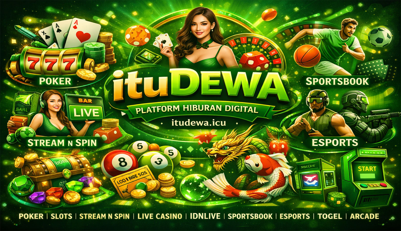 ituDewa Platform Hiburan Digital yang menawarkan berbagai layanan permainan online seperti Poker, Slots, Stream n Spin, Live Casino, IDNLIVE, Sportsbook, Esports, Togel, dan Arcade.