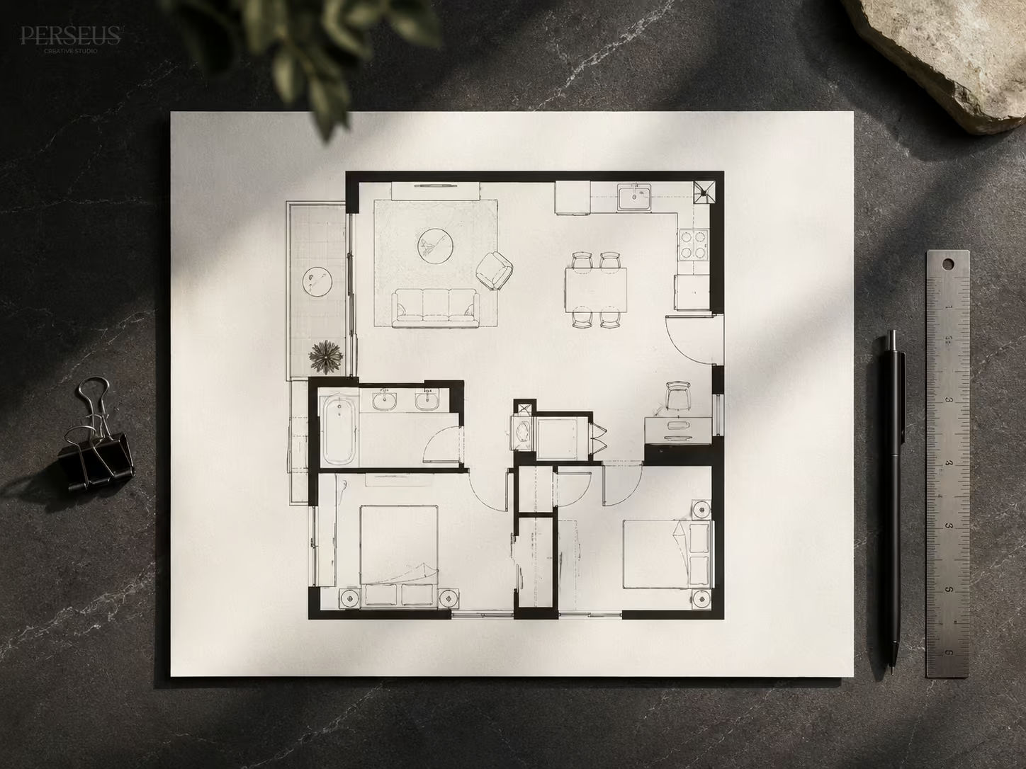 2D real estate floor plan on a dark studio desk showing room layout, furniture placement, and property flow for a Vancouver listing.