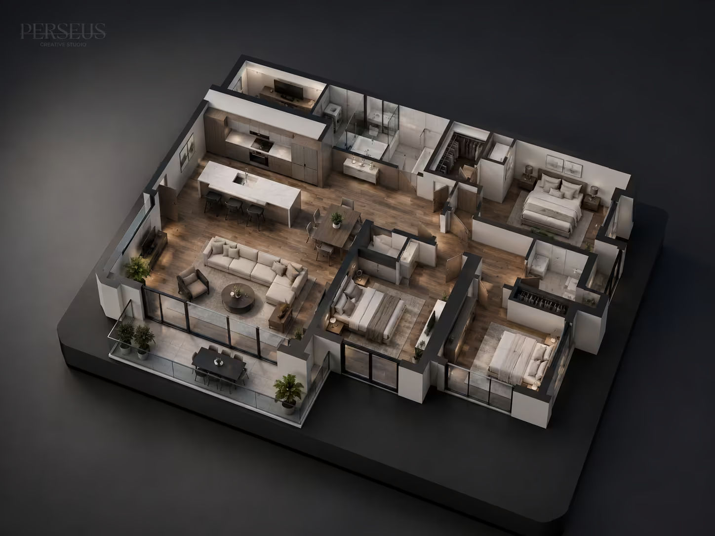 3D real estate floor plan model showing a furnished apartment layout with bedrooms, kitchen, living area, bathrooms, and balcony.